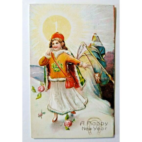 New Years Postcard Grim Reaper Irish Girl Clover Embossed Series 8084 Germany - Picture 2 of 5